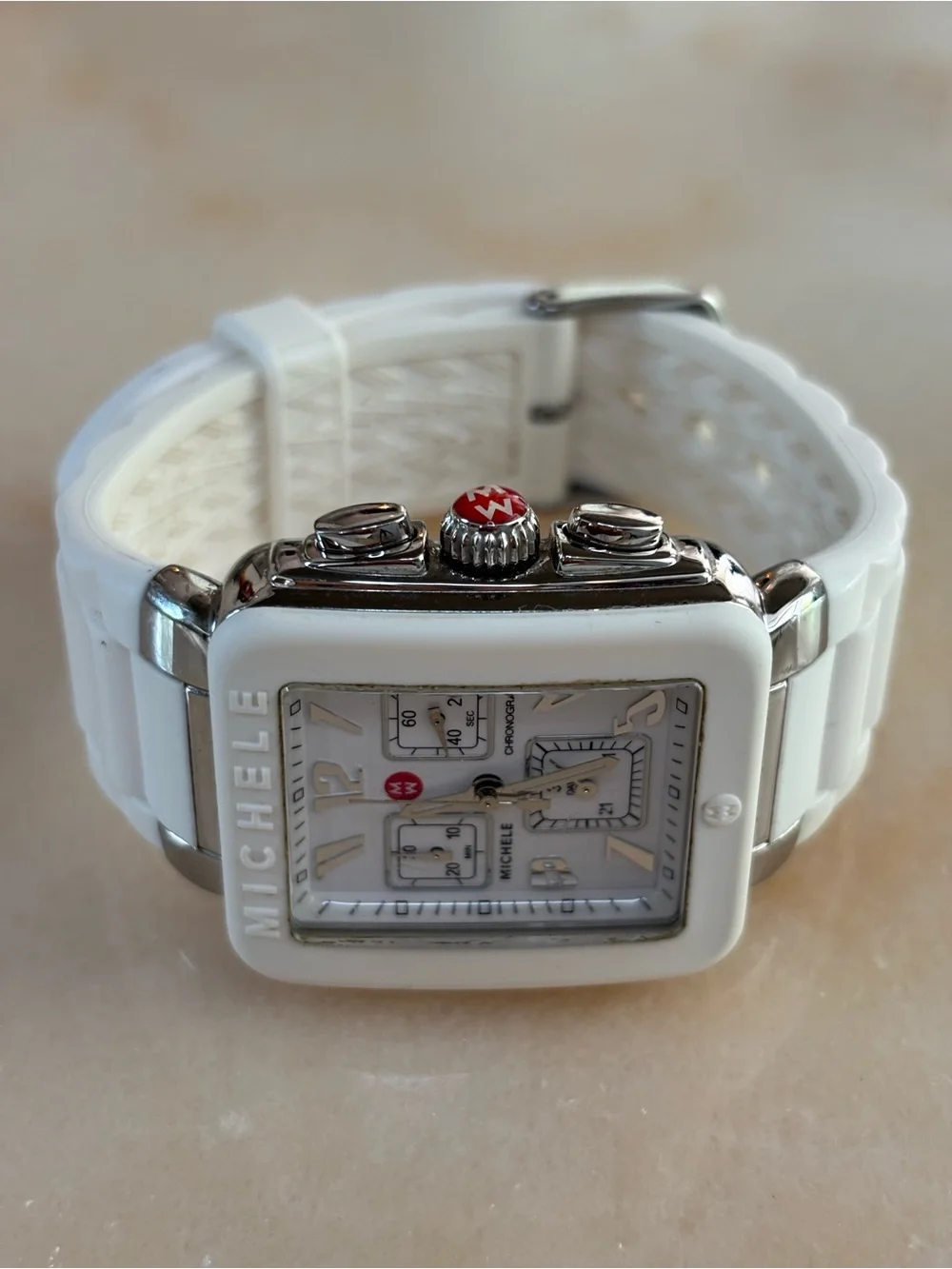 Michele White Ceramic Square Chronograph Watch with Silver Accents - Picture 5 of 6